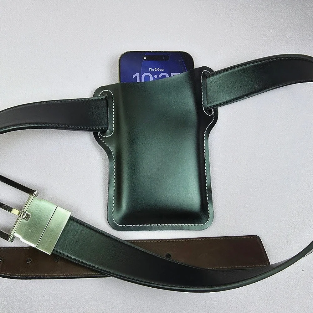 Men’s Black Leather Belt Phone Holster Rugged EDC Waist Case